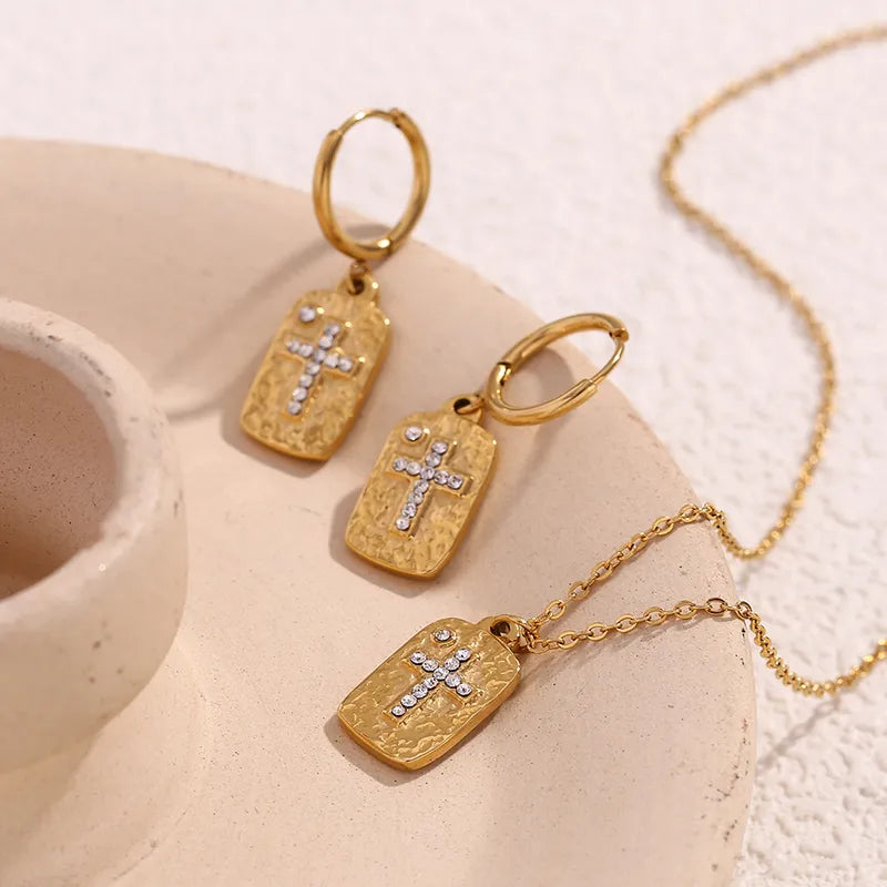 304 Stainless Steel 18K Gold Plated Simple Style Classic Style Plating Inlay Cross Rectangle Zircon Earrings Necklace