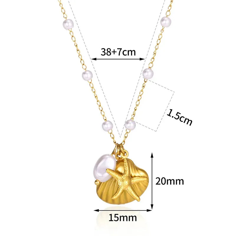 304 Stainless Steel 18K Gold Plated Starfish Shell Pendant Necklace