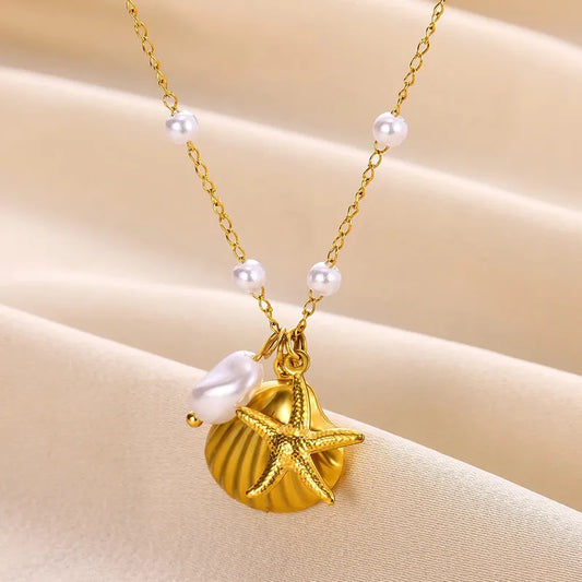 304 Stainless Steel 18K Gold Plated Starfish Shell Pendant Necklace