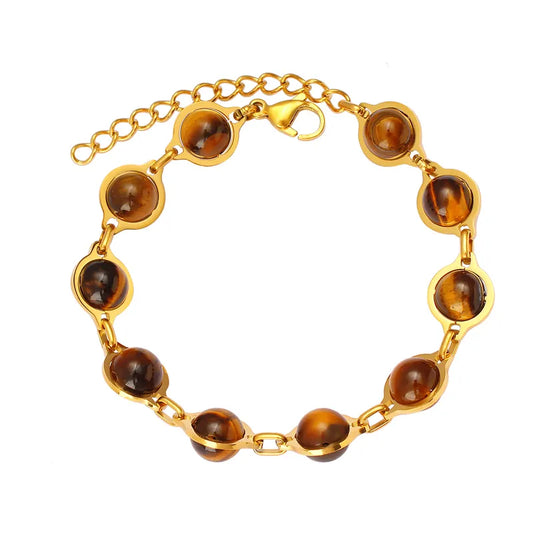 304 Stainless Steel Agate Tiger Eye 18K Gold Plated Luxurious Sweet Plating Inlay Round Agate, Tigereye Bracelets