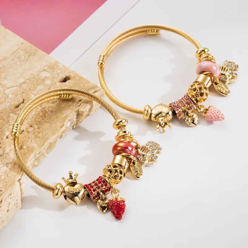 304 Stainless Steel Alloy Gold Plated Casual Vacation Classic Style Plating Inlay Strawberry Rhinestones Bangle