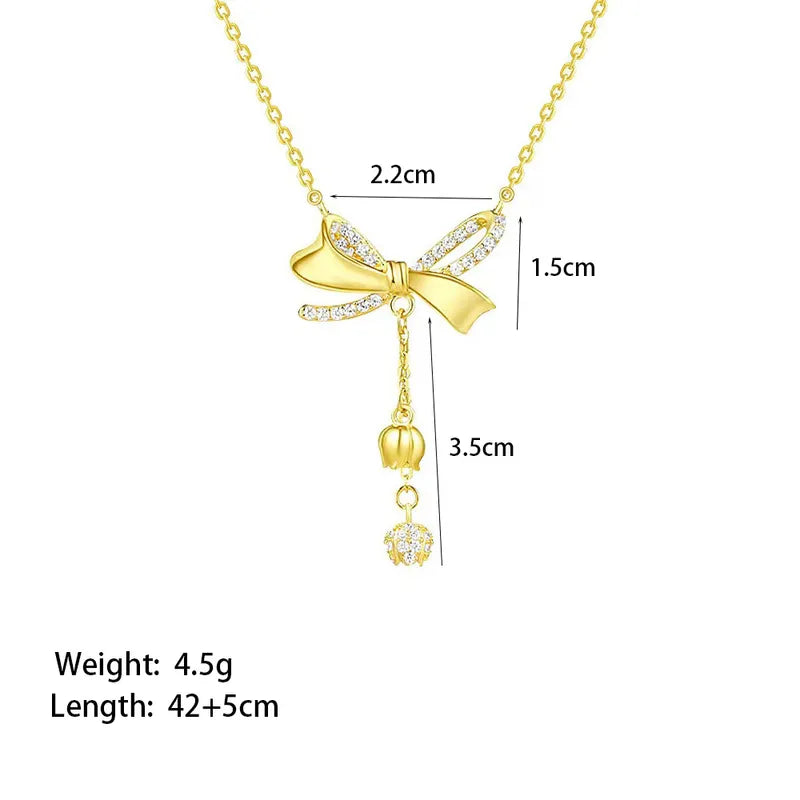 304 Stainless Steel Copper 18K Gold Plated Polishing Inlay Bow Knot Artificial Rhinestones Pendant Necklace