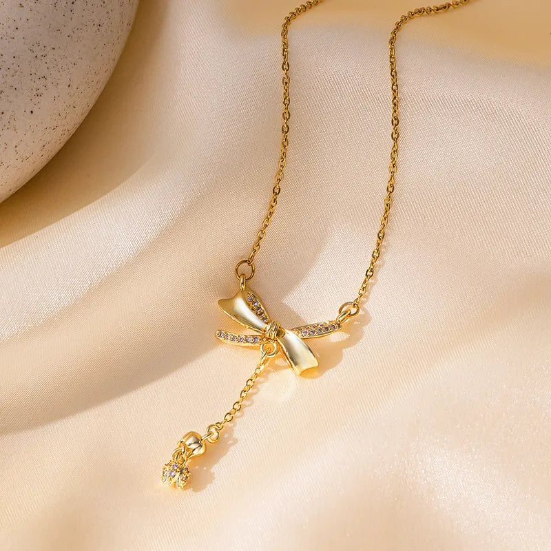 304 Stainless Steel Copper 18K Gold Plated Polishing Inlay Bow Knot Artificial Rhinestones Pendant Necklace