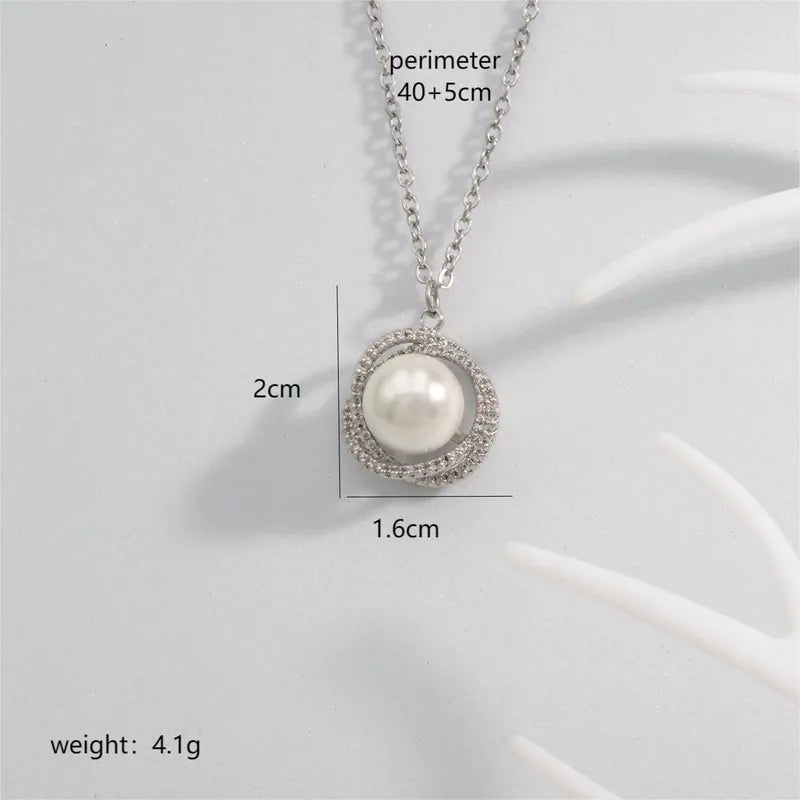 304 Stainless Steel Copper Inlay Double Ring Artificial Pearls Zircon Necklace