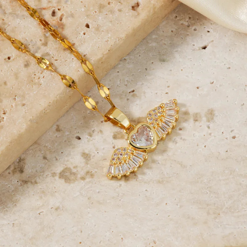 304 Stainless Steel Copper K Gold Plated Rhodium Plated Inlay Wings Zircon Pendant Necklace