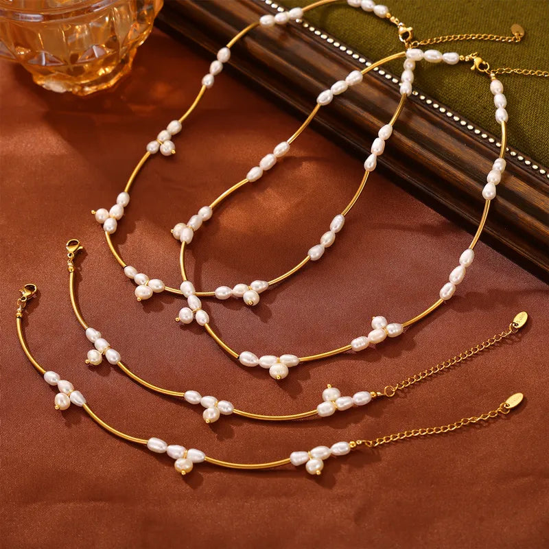 304 Stainless Steel Freshwater Pearl 18K Gold Plated IG Style French Style Simple Style Beaded Oval Bracelets Necklace