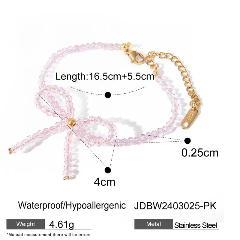 304 Stainless Steel Glass Bead 18K Gold Plated IG Style Beaded Bow Knot Bracelets Necklace