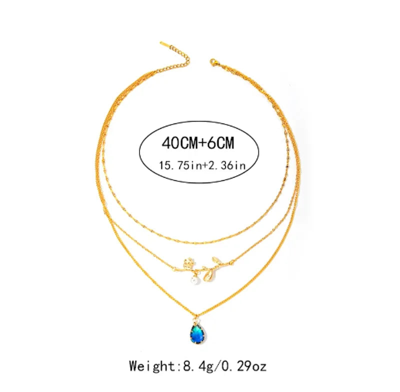 304 Stainless Steel Gold Plated Elegant Lady Streetwear Plating Inlay Water Droplets Flower Artificial Gemstones Pendant Necklace