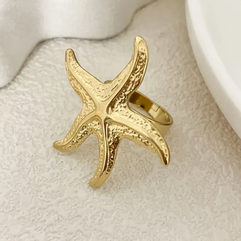 304 Stainless Steel Gold Plated Vacation Tropical Star Starfish Open Rings