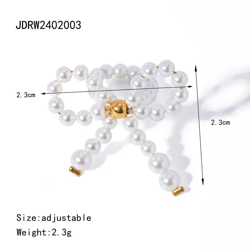 304 Stainless Steel Pearl 18K Gold Plated IG Style Elegant Beaded Bow Knot Rings Earrings Necklace