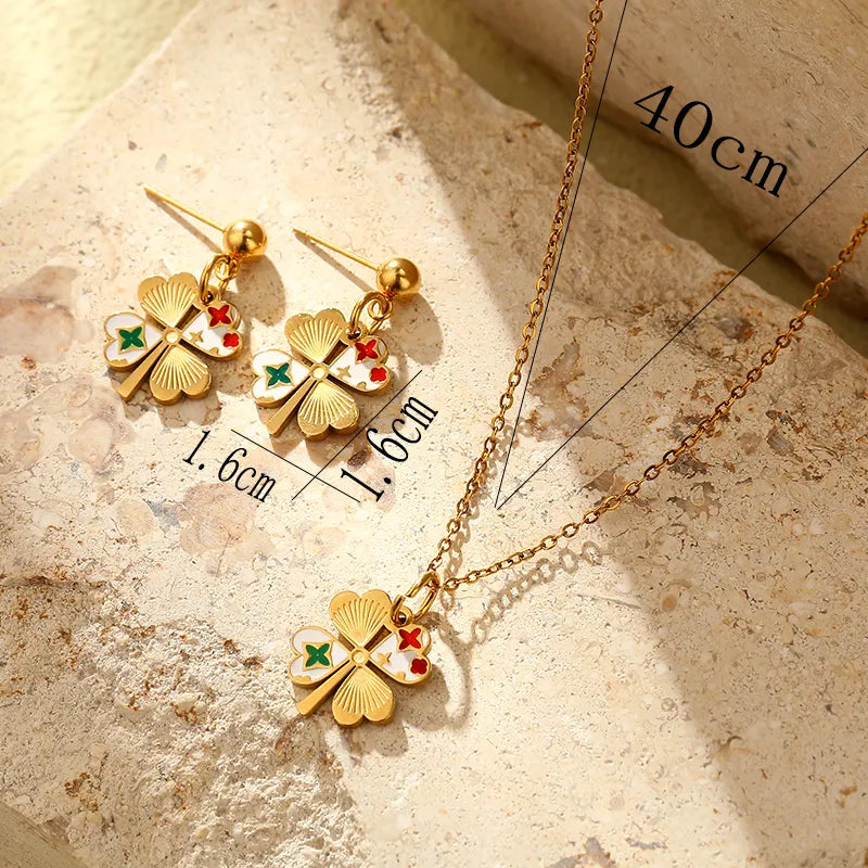 316L Stainless Steel 18K Gold Plated Casual Punk Plating Four Leaf Clover Round Jewelry Set