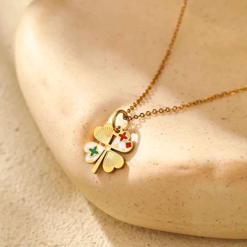 316L Stainless Steel 18K Gold Plated Casual Punk Plating Four Leaf Clover Round Jewelry Set