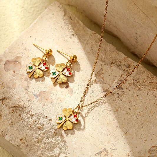 316L Stainless Steel 18K Gold Plated Casual Punk Plating Four Leaf Clover Round Jewelry Set