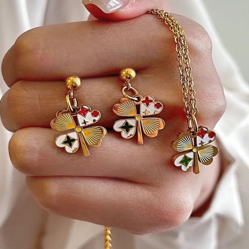 316L Stainless Steel 18K Gold Plated Casual Punk Plating Four Leaf Clover Round Jewelry Set