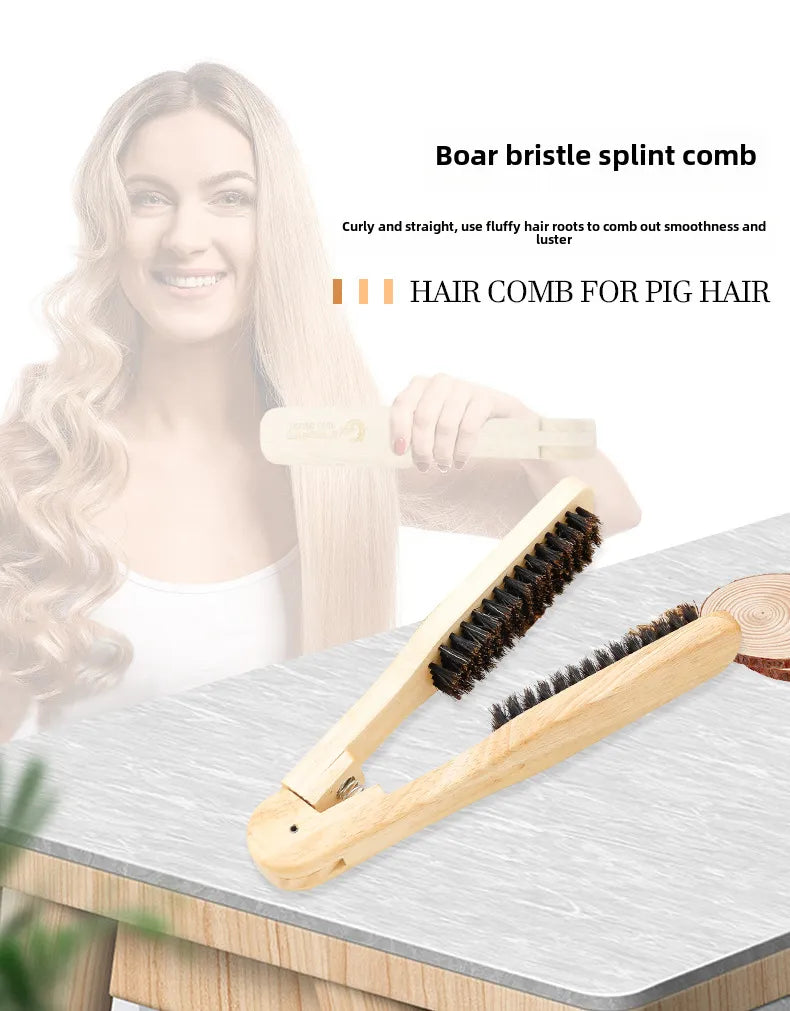 Amazon Hairdressing Splint Comb Styling Straightening Rubber Wooden Pig Bristle Hair Comb High Temperature Resistant V-shaped Splint Comb