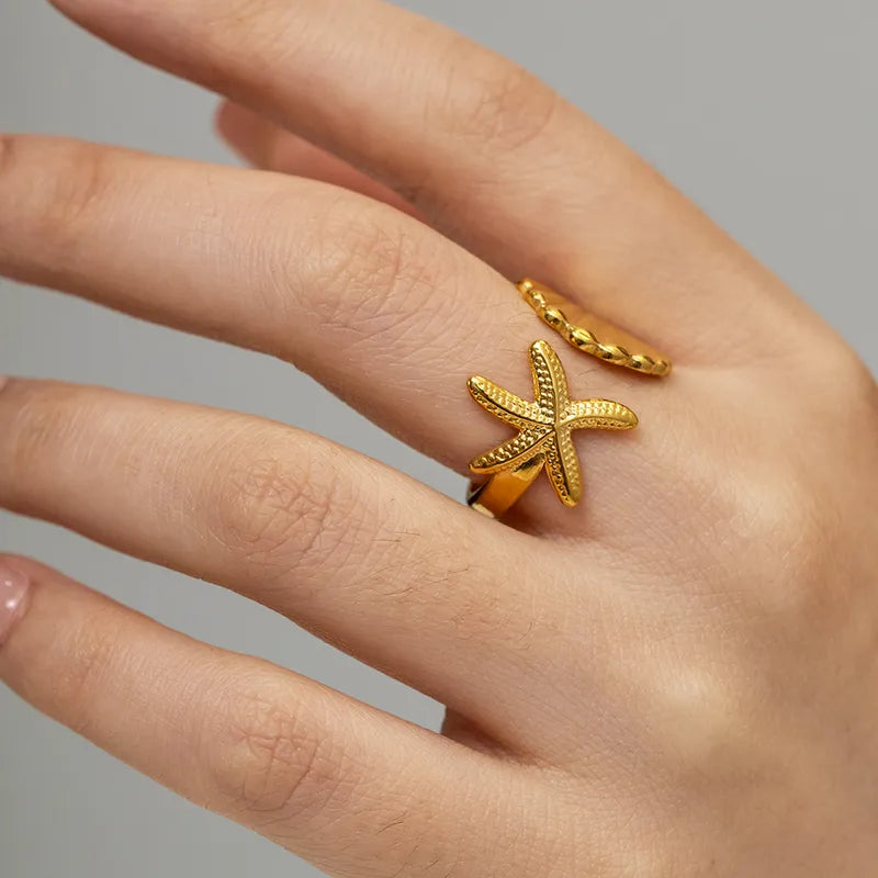 Beach Starfish Shell Stainless Steel 18k Gold Plated Open Ring In Bulk