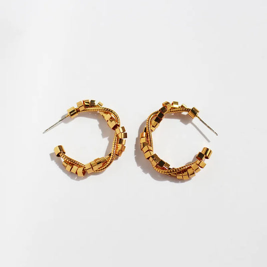 Brass 24K Gold Plated Beaded Geometric Earrings