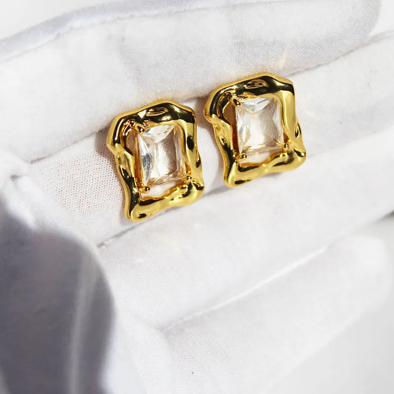 Brass 24K Gold Plated Geometric Zircon Ear Studs