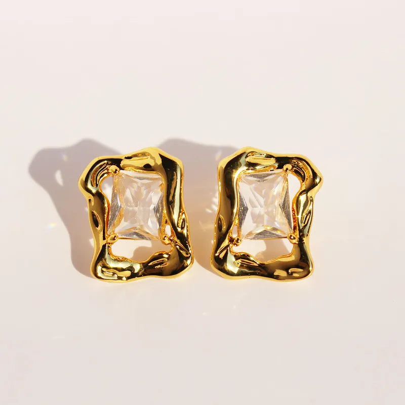 Brass 24K Gold Plated Geometric Zircon Ear Studs