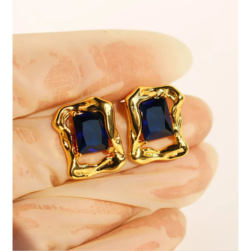 Brass 24K Gold Plated Geometric Zircon Ear Studs