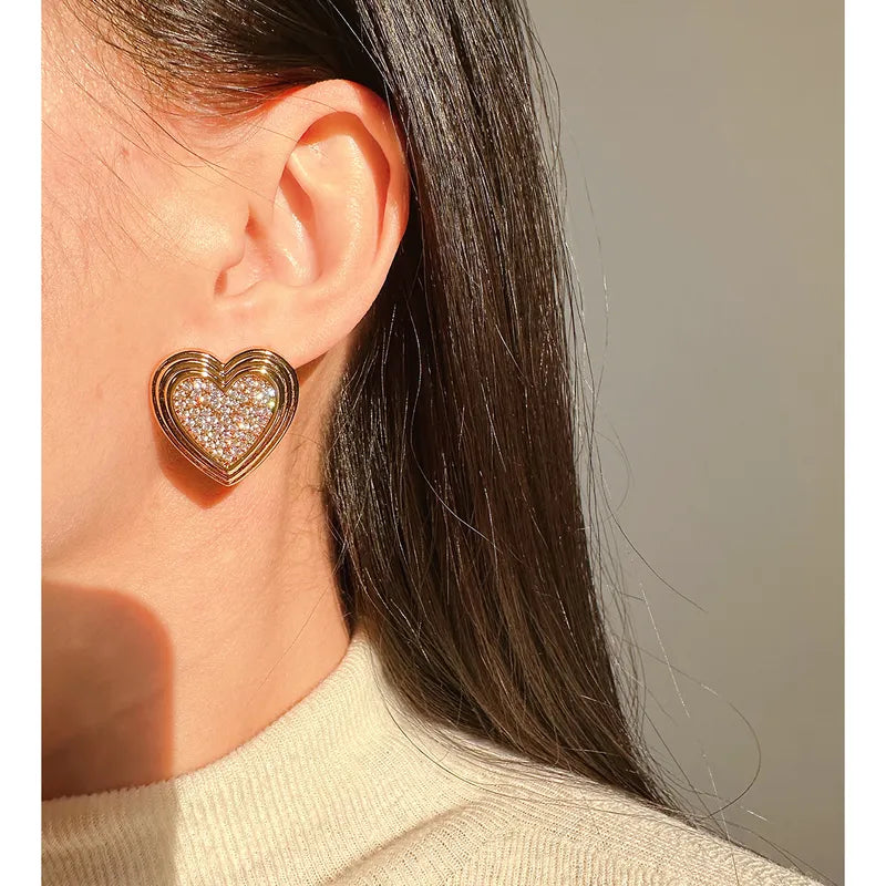 Brass 24K Gold Plated Heart Shape Zircon Ear Studs