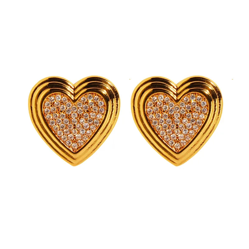 Brass 24K Gold Plated Heart Shape Zircon Ear Studs