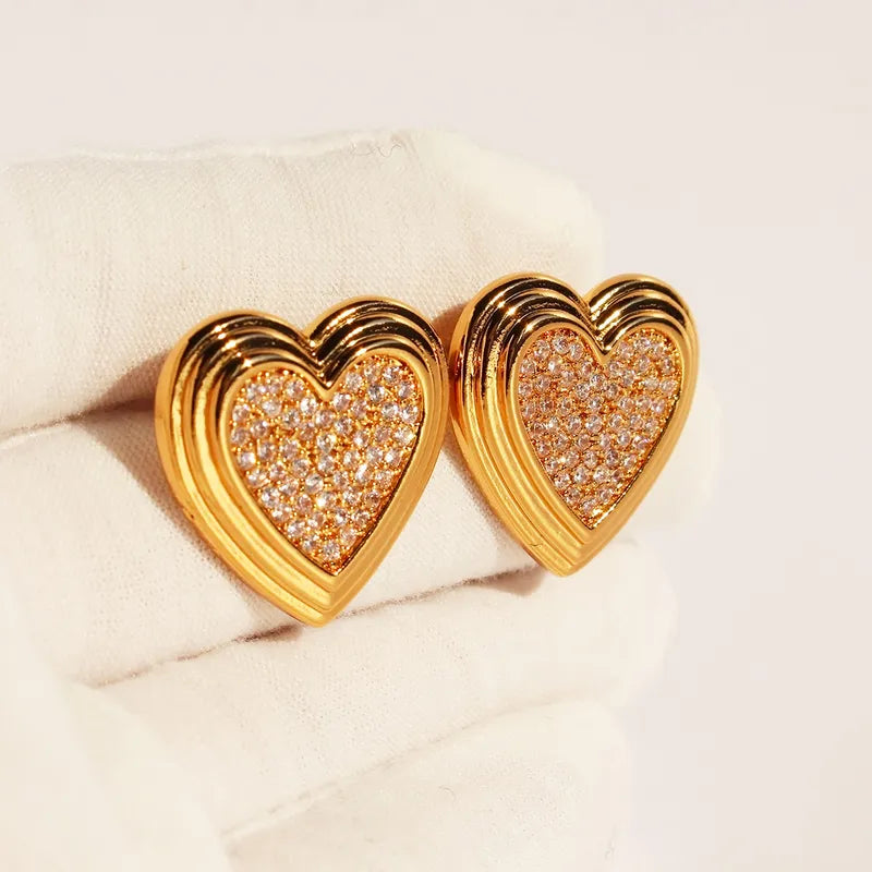 Brass 24K Gold Plated Heart Shape Zircon Ear Studs