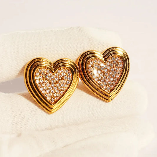 Brass 24K Gold Plated Heart Shape Zircon Ear Studs