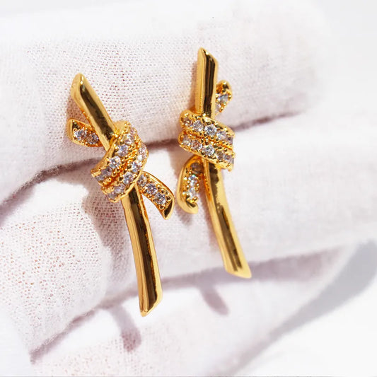 Brass 24K Gold Plated Inlay Bow Knot Zircon Ear Studs