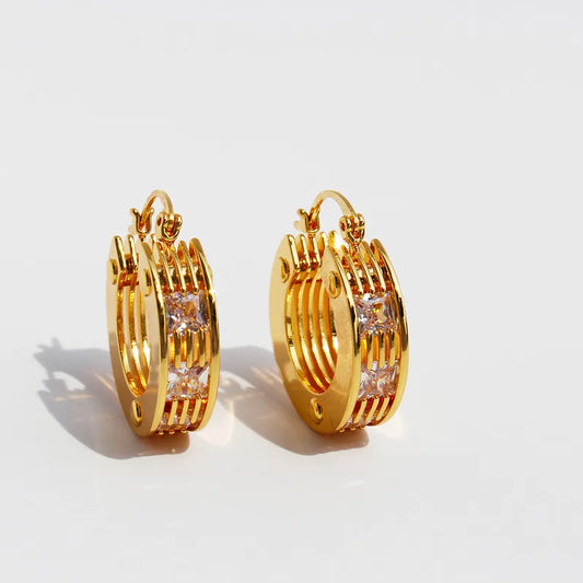 Brass 24K Gold Plated Inlay Geometric Zircon Earrings