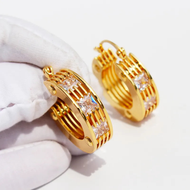 Brass 24K Gold Plated Inlay Geometric Zircon Earrings