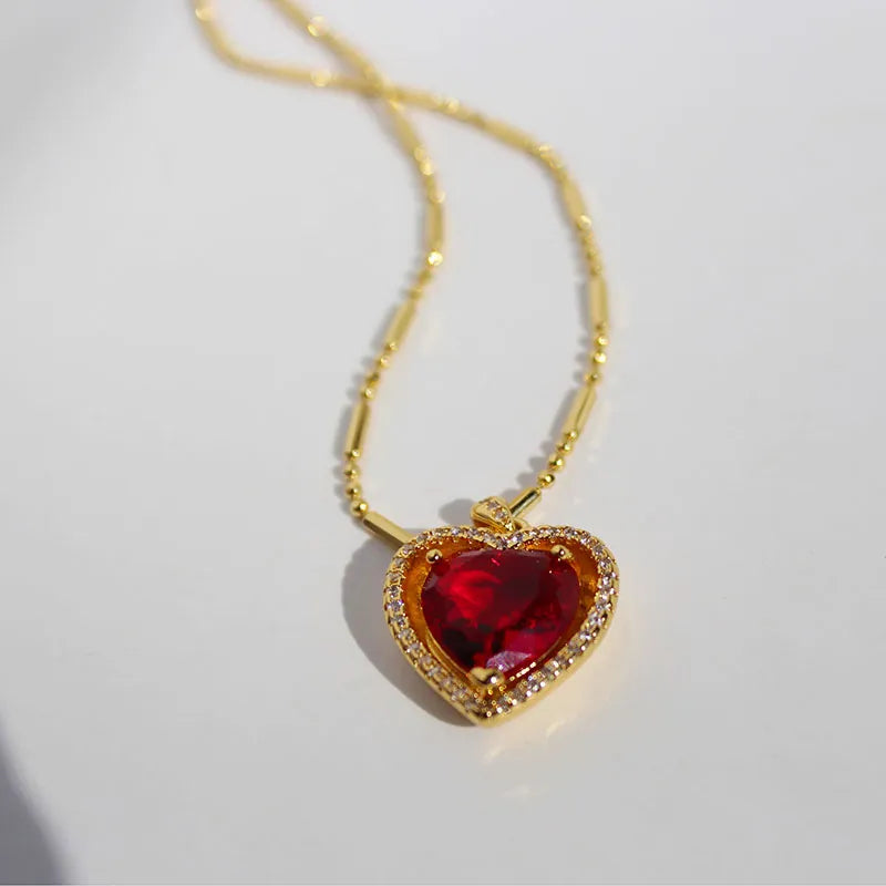 Brass 24K Gold Plated Inlay Heart Shape Gem Pendant Necklace