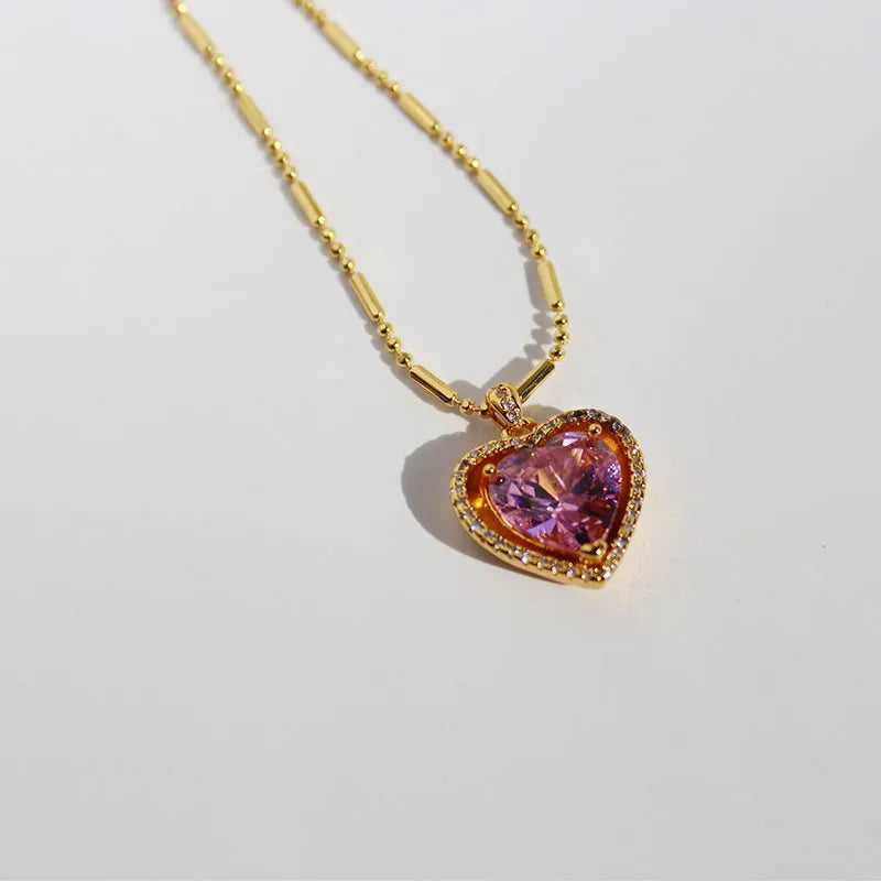 Brass 24K Gold Plated Inlay Heart Shape Gem Pendant Necklace