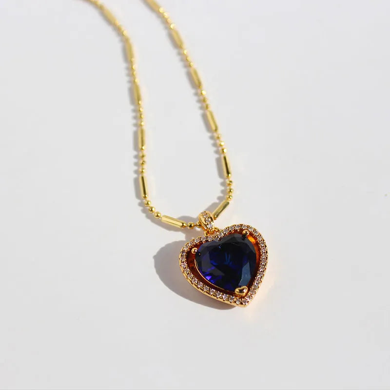 Brass 24K Gold Plated Inlay Heart Shape Gem Pendant Necklace