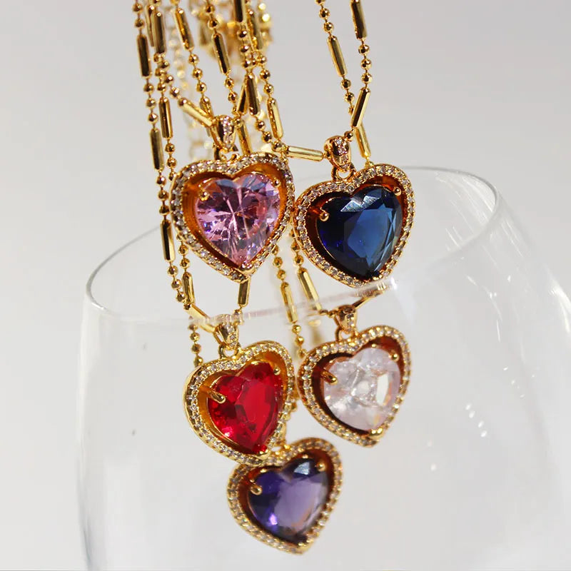 Brass 24K Gold Plated Inlay Heart Shape Gem Pendant Necklace