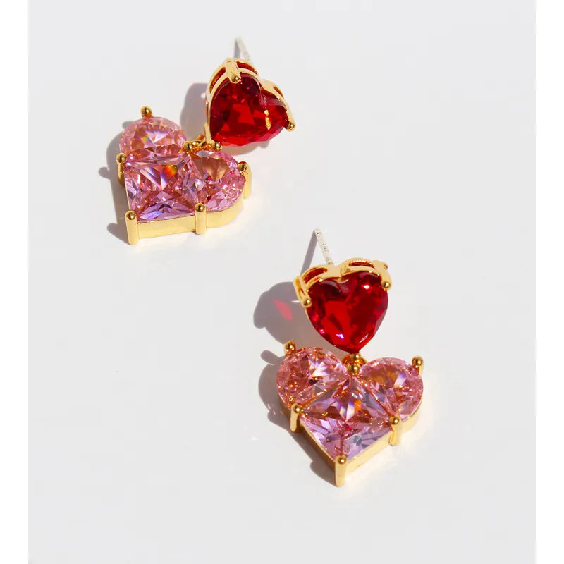 Brass 24K Gold Plated Inlay Heart Shape Zircon Drop Earrings