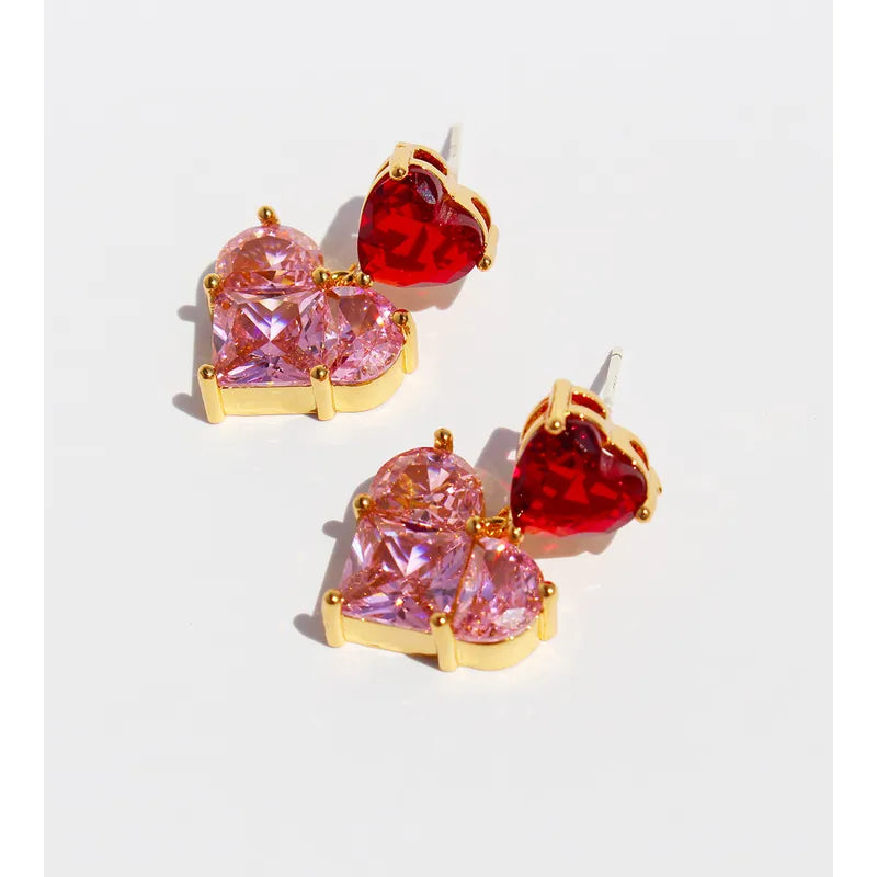 Brass 24K Gold Plated Inlay Heart Shape Zircon Drop Earrings