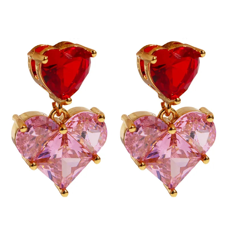 Brass 24K Gold Plated Inlay Heart Shape Zircon Drop Earrings