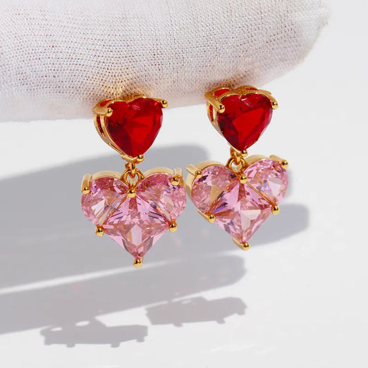 Brass 24K Gold Plated Inlay Heart Shape Zircon Drop Earrings