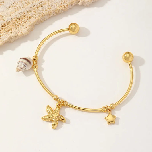 Casual Hawaiian Beach Star Starfish Conch 304 Stainless Steel 18K Gold Plated Bangle In Bulk