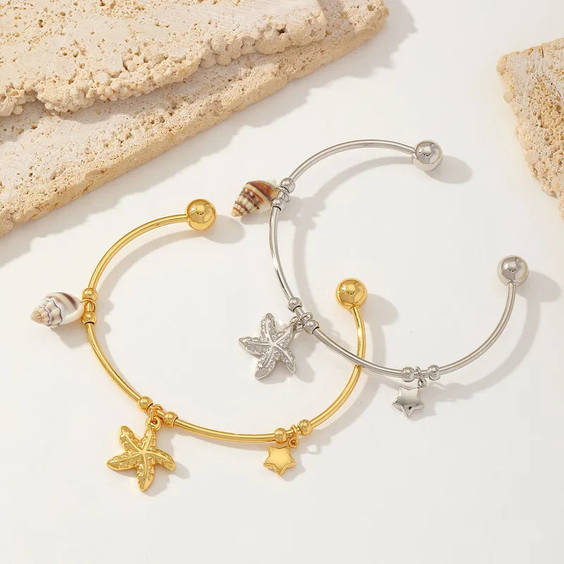 Casual Hawaiian Beach Star Starfish Conch 304 Stainless Steel 18K Gold Plated Bangle In Bulk