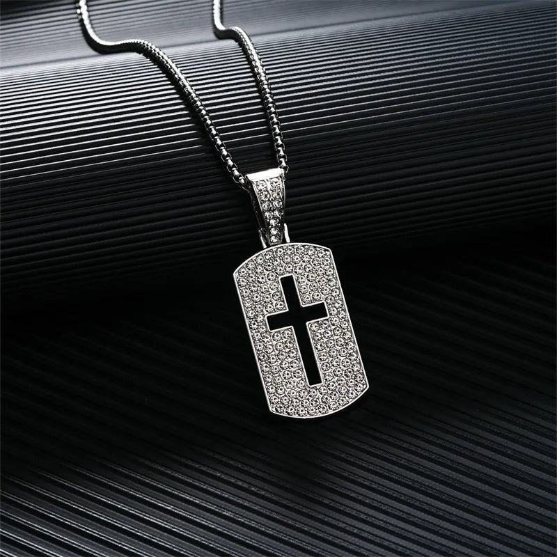 Casual Hip-Hop Rock Cross 304 Stainless Steel Alloy Hollow Out Inlay Rhinestones Rhodium Plated Men's Pendant Necklace