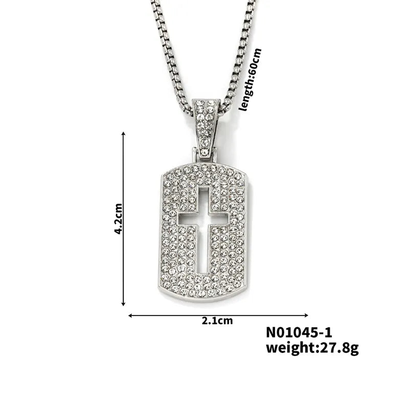 Casual Hip-Hop Rock Cross 304 Stainless Steel Alloy Hollow Out Inlay Rhinestones Rhodium Plated Men's Pendant Necklace