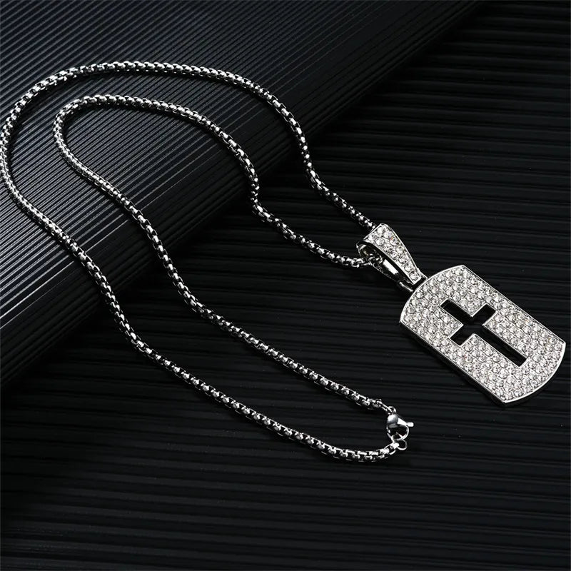 Casual Hip-Hop Rock Cross 304 Stainless Steel Alloy Hollow Out Inlay Rhinestones Rhodium Plated Men's Pendant Necklace