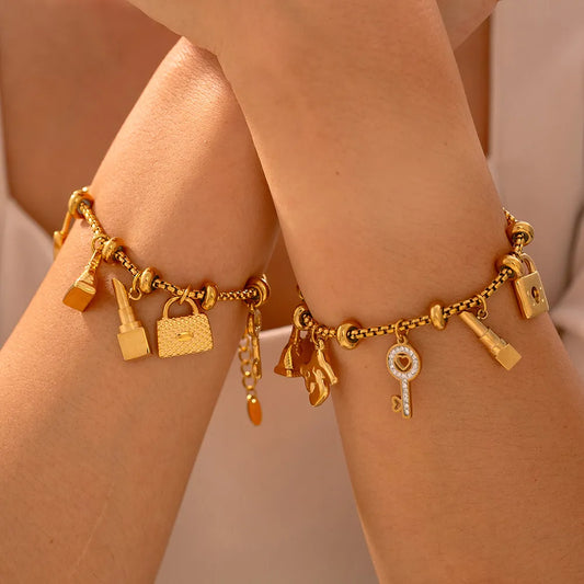 Casual Luxurious Modern Style Key Lock Titanium Steel 18K Gold Plated Bracelets In Bulk