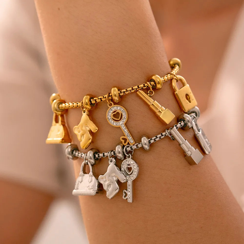 Casual Luxurious Modern Style Key Lock Titanium Steel 18K Gold Plated Bracelets In Bulk