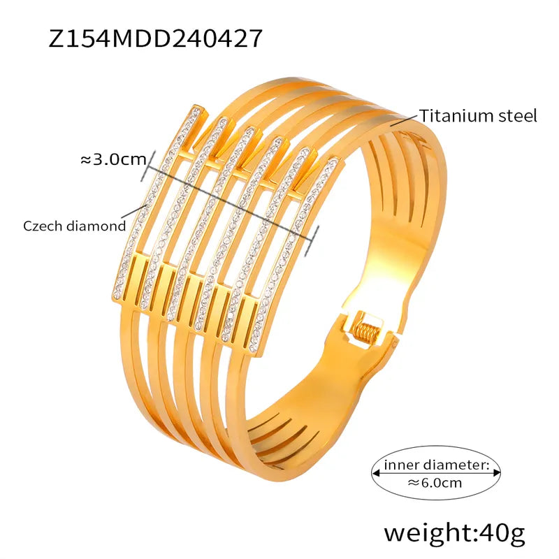 Casual Simple Style Hexagon Round Titanium Steel 18K Gold Plated Rhinestones Bangle In Bulk