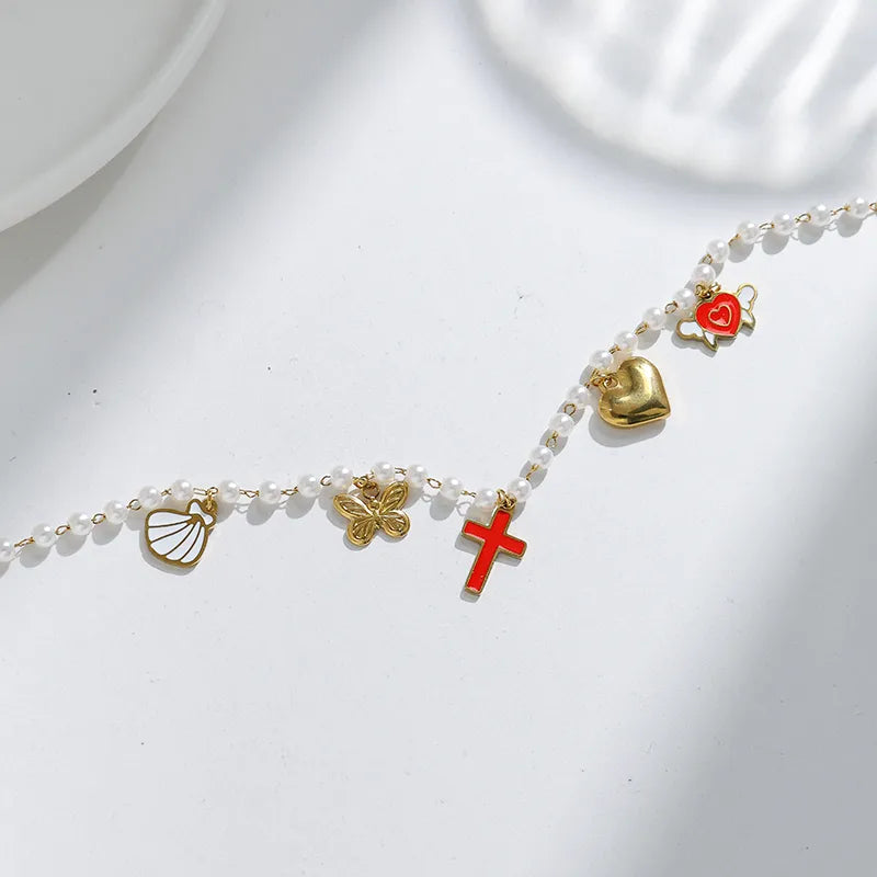 Casual Sweet Cross Heart Shape Shell 304 Stainless Steel 14K Gold Plated Multi Charms Bracelet In Bulk