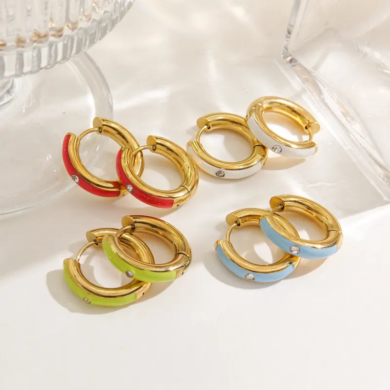 Classic Enamel Diamond Hoop Earrings Colorful Dripping Oil 14K Gold Stainless Steel Ear Ring Ear Clip