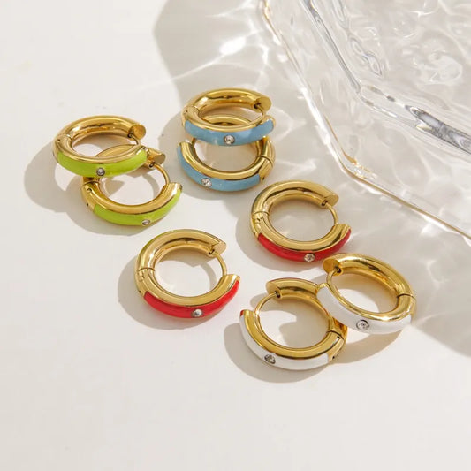 Classic Enamel Diamond Hoop Earrings Colorful Dripping Oil 14K Gold Stainless Steel Ear Ring Ear Clip